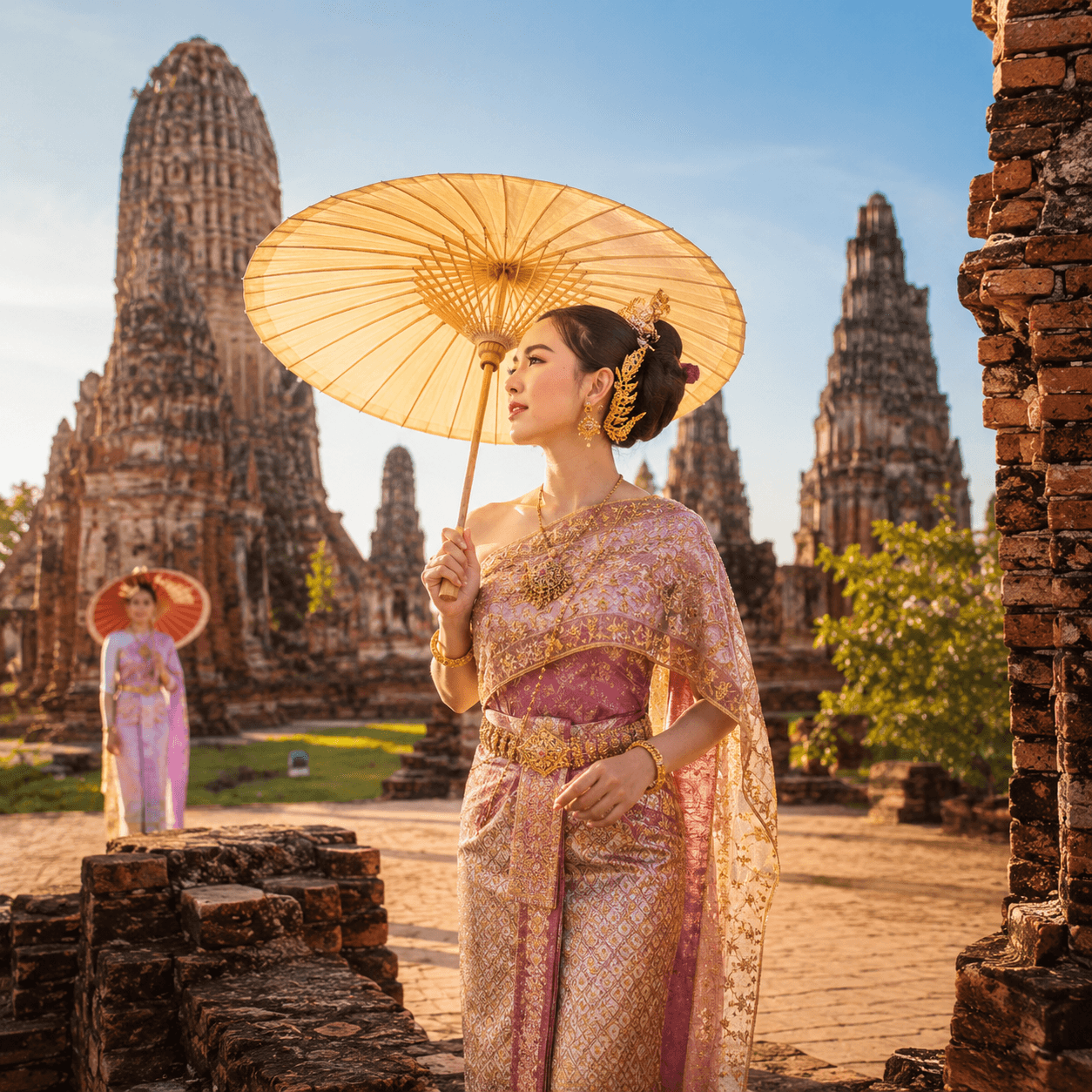 มุมถ่ายรูปคู่รักในชุดไทยริมเจดีย์
