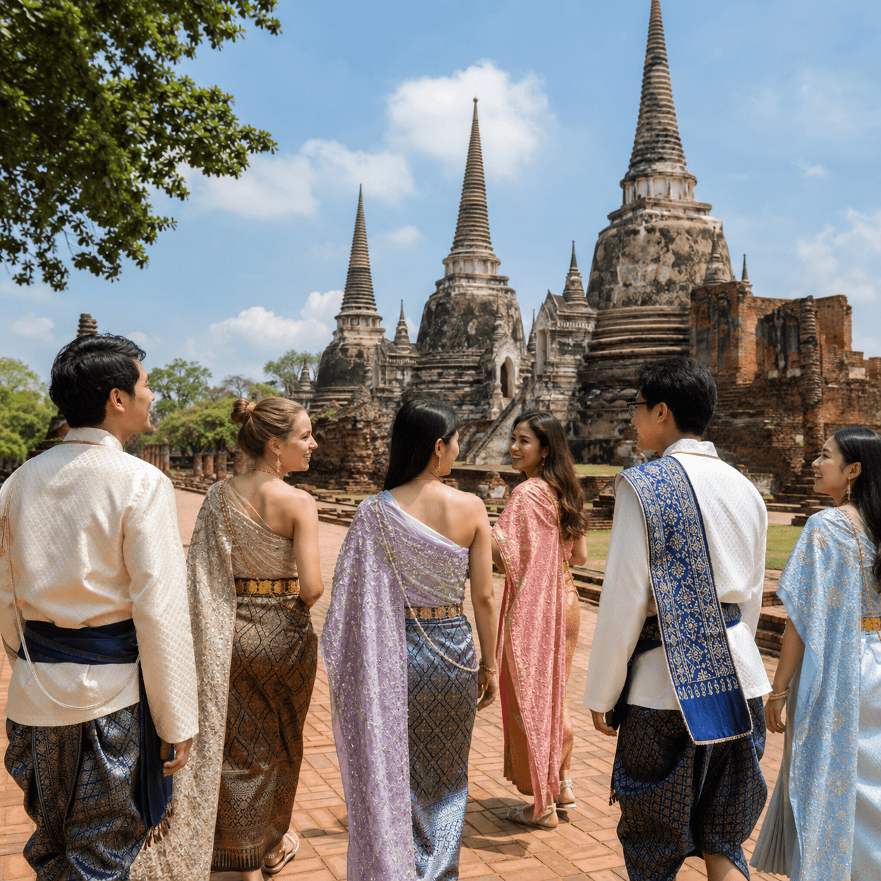 ชุดไทยสีสันสดใสกับพื้นหลังวัดโบราณ