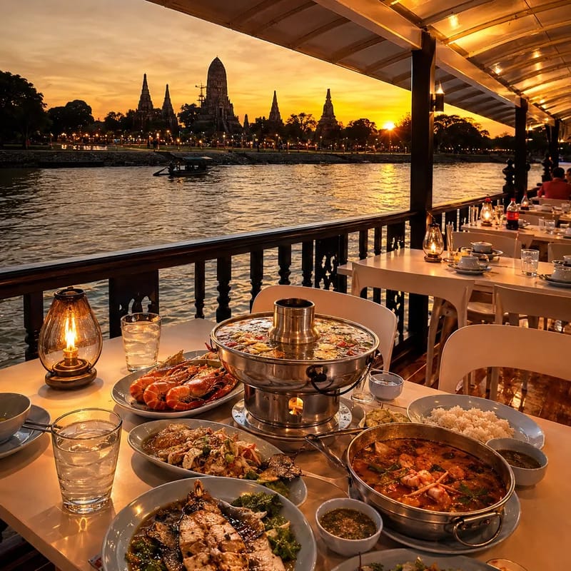 ทานอาหารบนเรือในบรรยากาศแม่น้ำอยุธยา