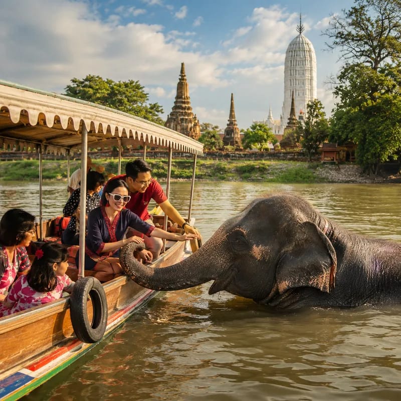 ล่องเรือไหว้ 3 วัดพร้อมชมช้างอาบน้ำ อยุธยา