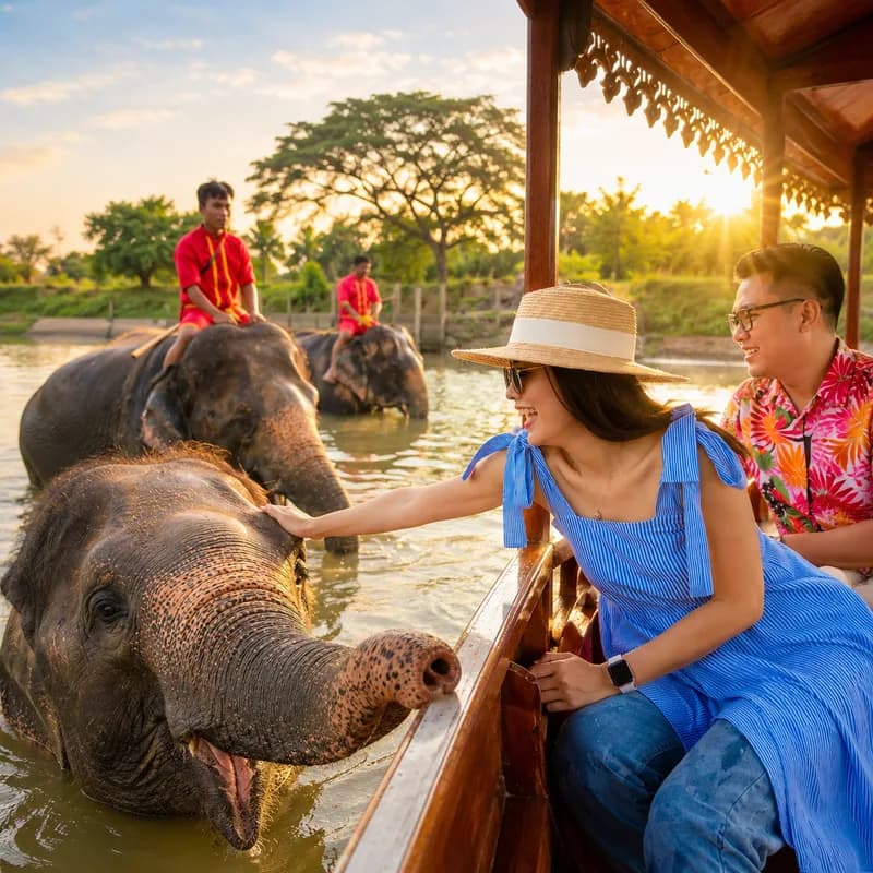 ล่องเรือรอบเกาะพร้อมชมช้างอาบน้ำ อยุธยา