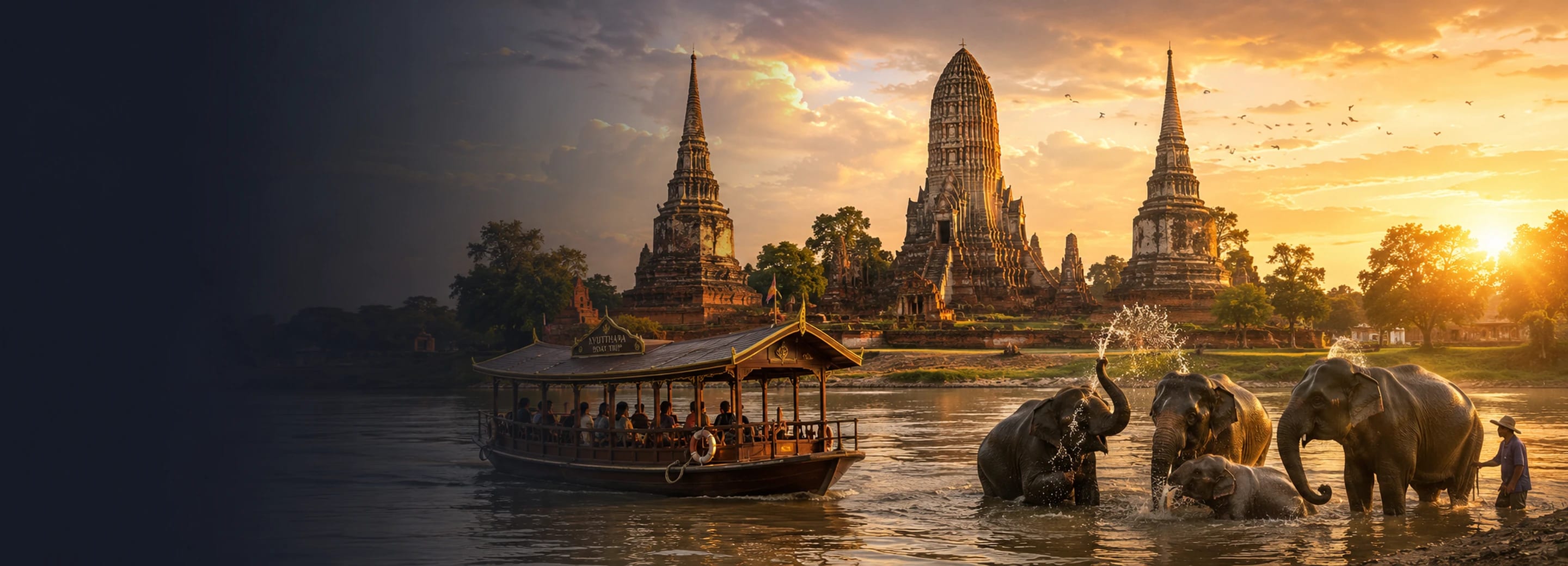 ล่องเรือรอบเกาะพร้อมชมช้างอาบน้ำ อยุธยา