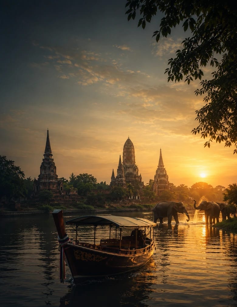 ล่องเรือรอบเกาะพร้อมชมช้างอาบน้ำ อยุธยา