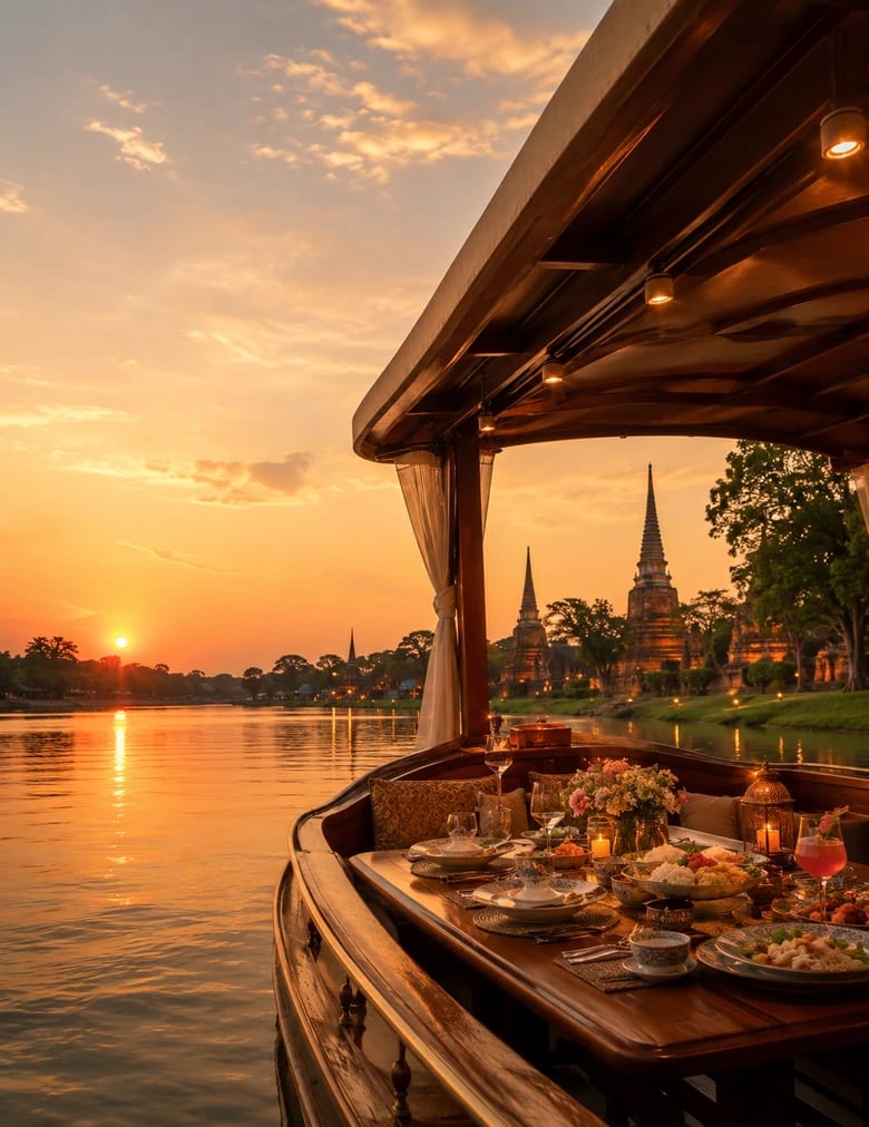 ทานอาหารบนเรือในบรรยากาศแม่น้ำอยุธยา