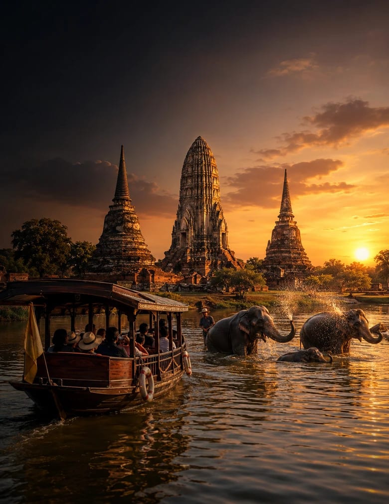 ล่องเรือไหว้ 3 วัดพร้อมชมช้างอาบน้ำ อยุธยา
